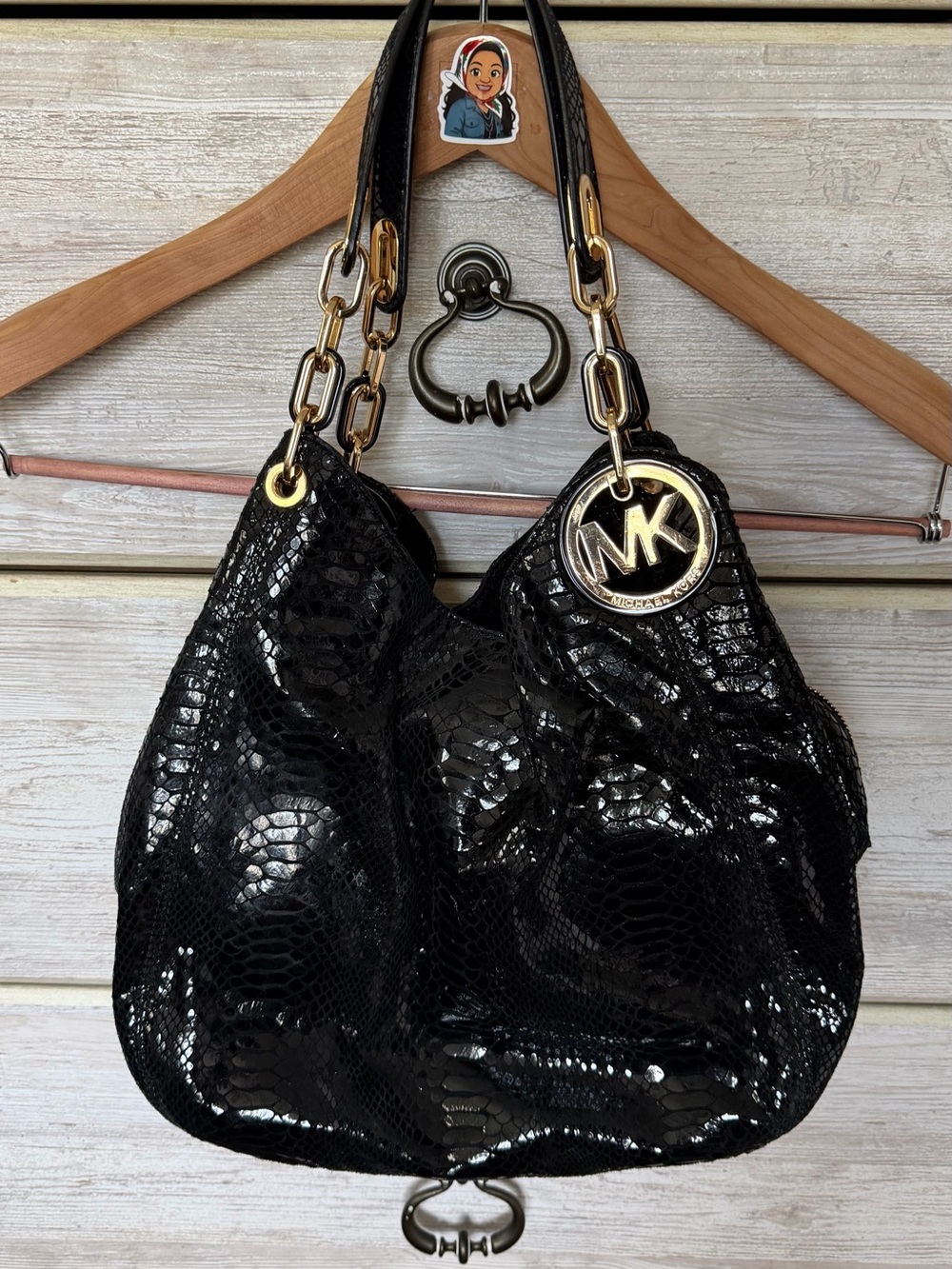 Michael Kors Black Patent Snake-Embossed Shoulder Hobo with Gold Hardware
